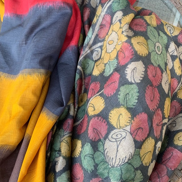 Hand-painted Kalamkari Pure Tussar Red, Black, Mustard SAREE SARI. Half & Half - Picture 5 of 9